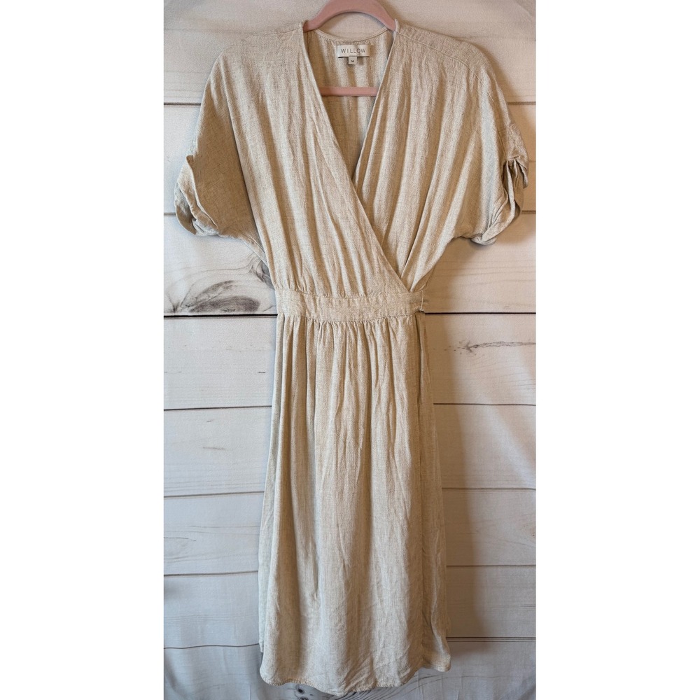 Willow Linen Blend Wrap Midi Dress Oatmeal Beige Short Sleeve Size M 120WD30211